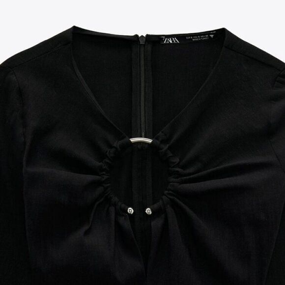 Rare Zara Metal Loop Linen Black Long Sleeve Crop Top - Picture 4 of 12